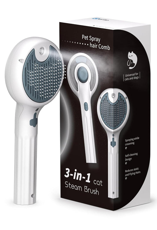 Cat Steam Brush for Indoor Cats – 3-in-1 Grooming Tool with Water Spray, Self-Cleaning Hair Comb for Long & Short Haired Cats and Dogs