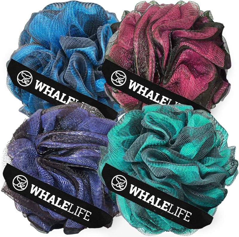 Loofah Sponge Bath Sponge for Women Men 4 Pack (Purple Brown Green Blue)