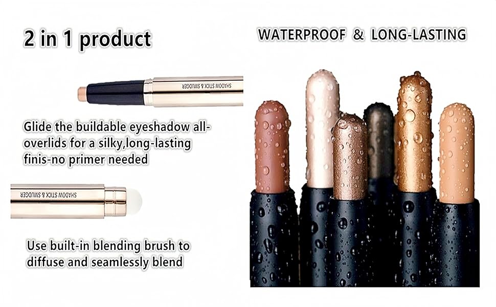 2 in 1 eyeshadow stick and Sponge Makeup Brush, Smooth Cream Shimmer Shadow Pencil Long Lasting Waterproof Eye Shadow Highlighter Stick Makeup , Hypoallergenic Highlighter Multi-Dimensional eyes Look