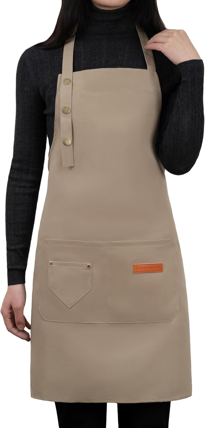Apron for Men Women with Adjustable Straps and Large Pockets, Canvas Cotton Cooking Kitchen Chef Bib Aprons Waterproof Beige