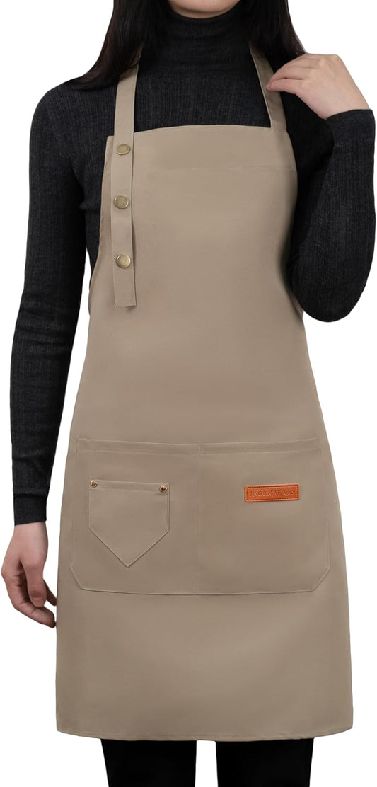 Apron for Men Women with Adjustable Straps and Large Pockets, Canvas Cotton Cooking Kitchen Chef Bib Aprons Waterproof Beige