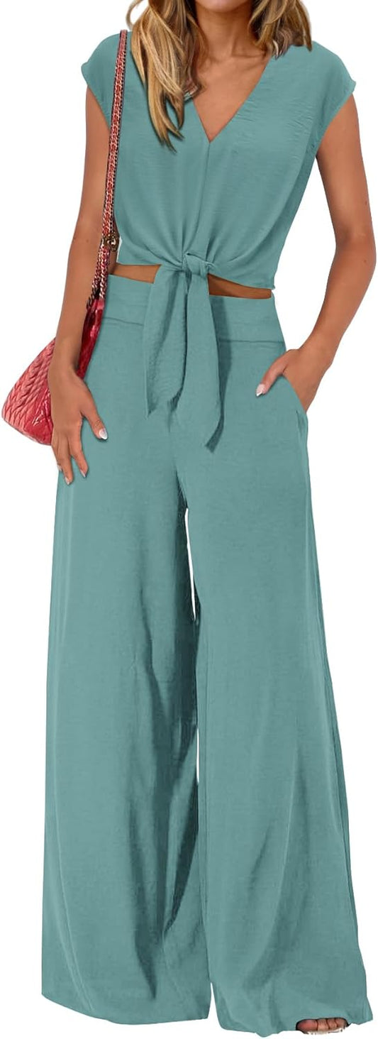 PRETTYGARDEN Women's Summer 2 Piece Outfits 2025 Cap Sleeve V Neck Belted Crop Tops Wide Leg Pant Sets Casual Tracksuit