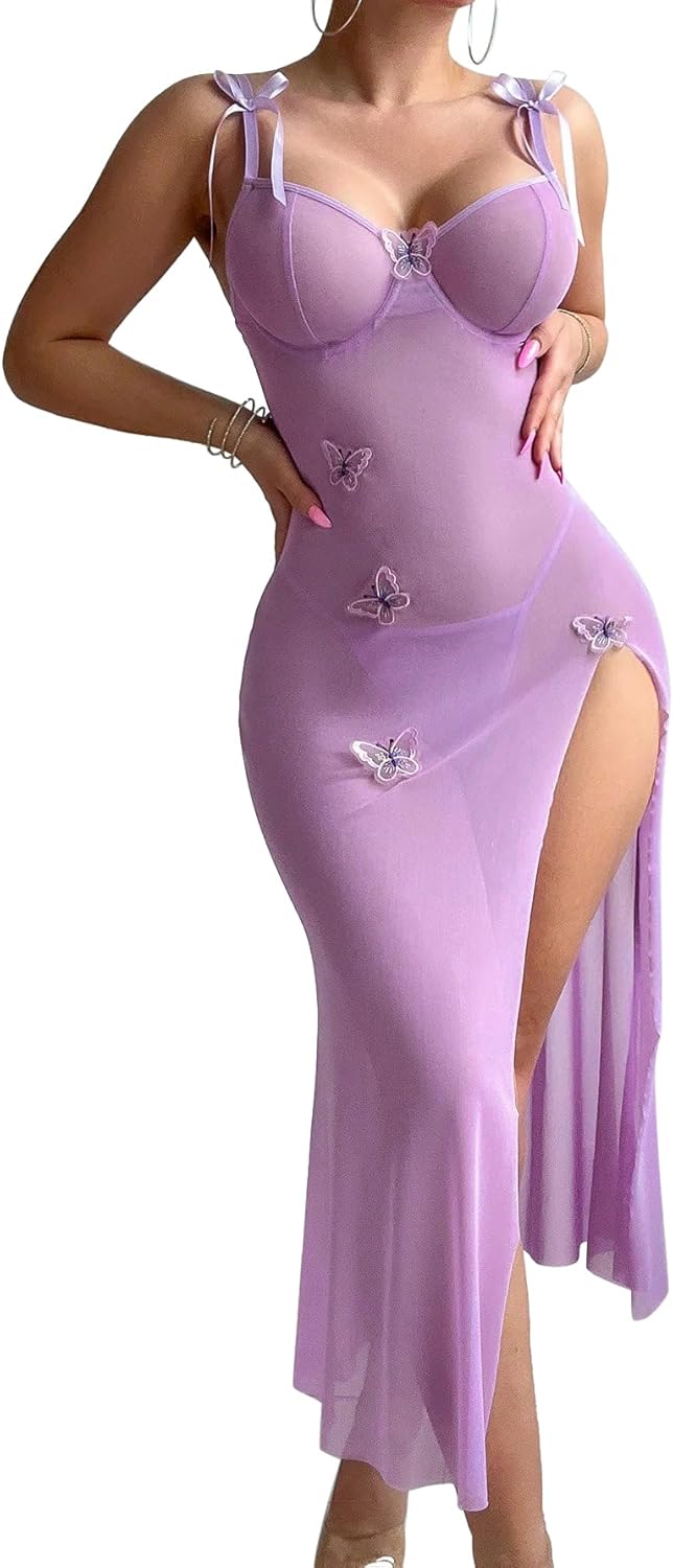 Sexy Butterfly Split Leg Underwire Sheer Mesh Maxi Lingerie Dress with Thong 2 Piece Set