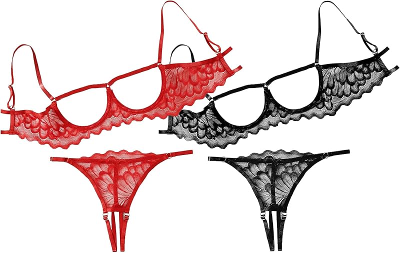 Lilosy Sexy Underwire Floral Lace Sheer Lingerie Set for Women See Through Bra and Panty 2 Piece