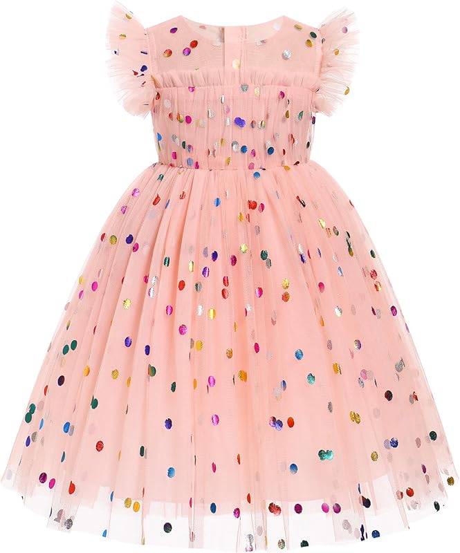 IMEKIS Toddler Girl Sparkle Confetti Birthday Princess Dress Ruffle Sleeve Party Formal Dresses 1-6T