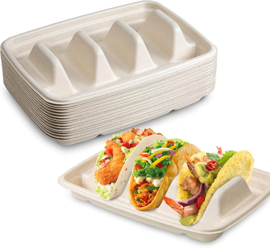 MT Products Pulp Fiber Taco Plates 8.99" x 6.52" x 1.67" - 3 Compartments Taco Holder- Pack of 15