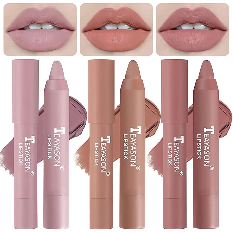 3 Piece Nude Matte Lipstick Set,Natural Nude Lipstick Velvet Air Moisture Smooth Crayon Lip Stain,Matte Lipstick 24 Hour SuperstayLong Lasting Waterproof Lip Gloss for Women Makeup(Set C)