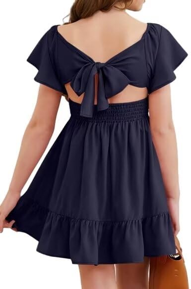 Girls Elegant Ruffle Short Sleeve Back Tie Dresses 6-13 Years Old