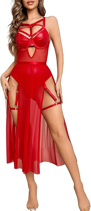 Milumia Women's One Piece Leather Teddy Bodysuit Sheer Lingerie Skirt