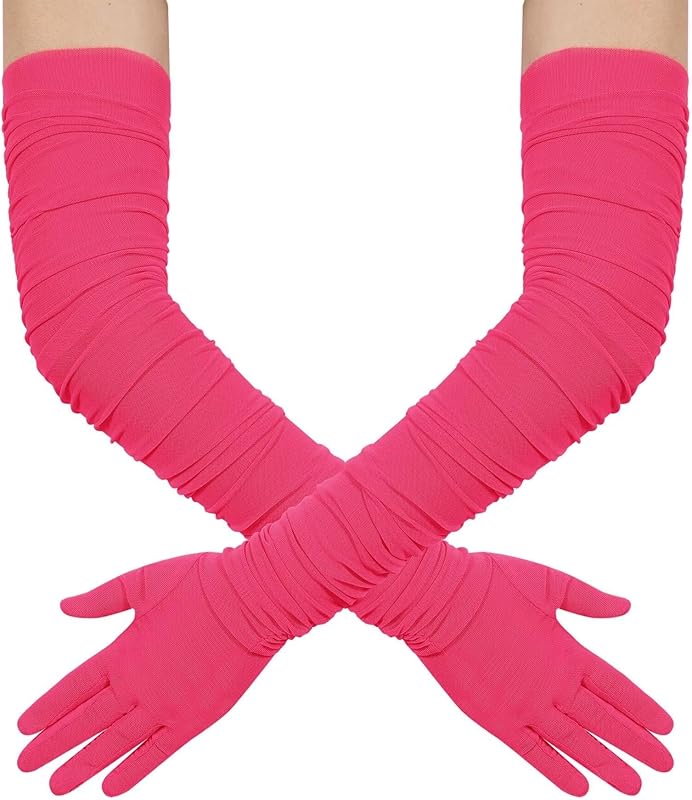 Hazhlko Women's Super Long Stretchy Ruched Mesh Tulle Sheer Gloves Costume Opera Party 1920's Dance Gloves