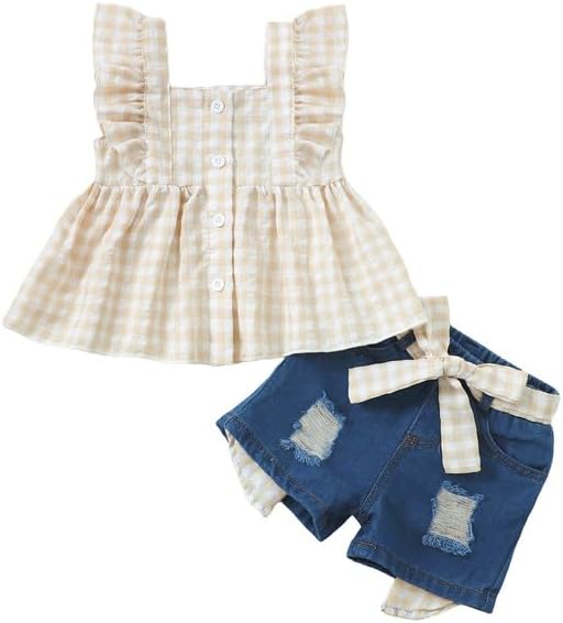 Kucnuzki Baby Girl Clothes Toddler Girl Summer Two Piece Outfit Kids Ruffle Sleeveless Plaid Tops Denim Jeans Shorts Set
