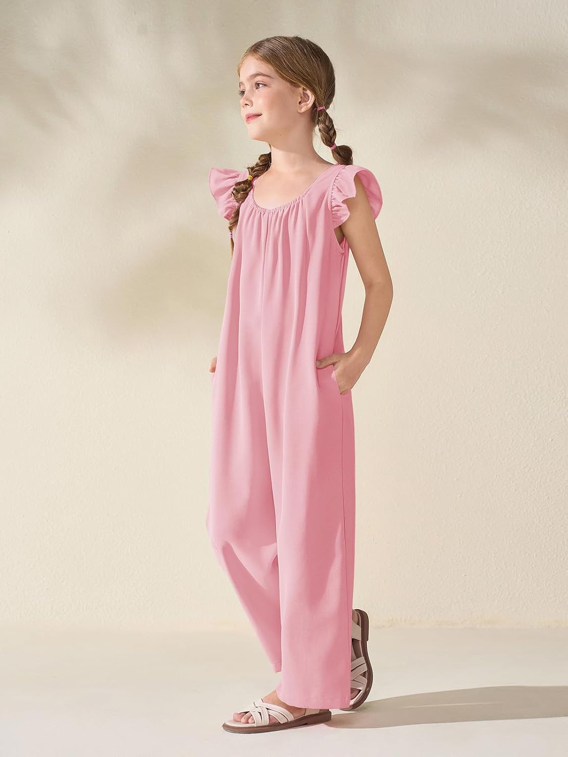 Haloumoning Girls Wide Leg Loose Jumpsuit Kids Casual Ruffle Sleeve Round Neck Romper with Pockets 5-14 Years