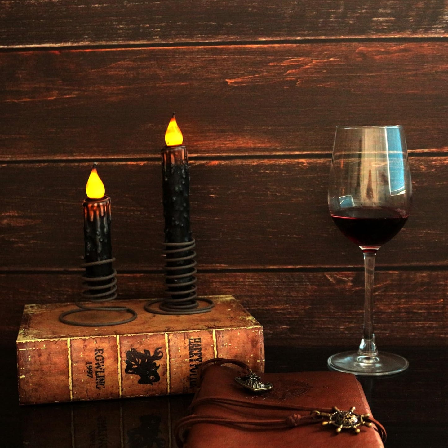 CVHOMEDECO. Real Wax Hand Dipped Battery Operated LED Timer Taper Candles Country Primitive Flameless Lights Décor, 6-3/4 Inch, Matt Black, 3 PCS in a Package