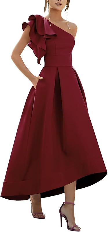 One Shoulder Satin Mother of Bride Dresses 2025 High-Low Ruffle Formal Evening Party Gowns