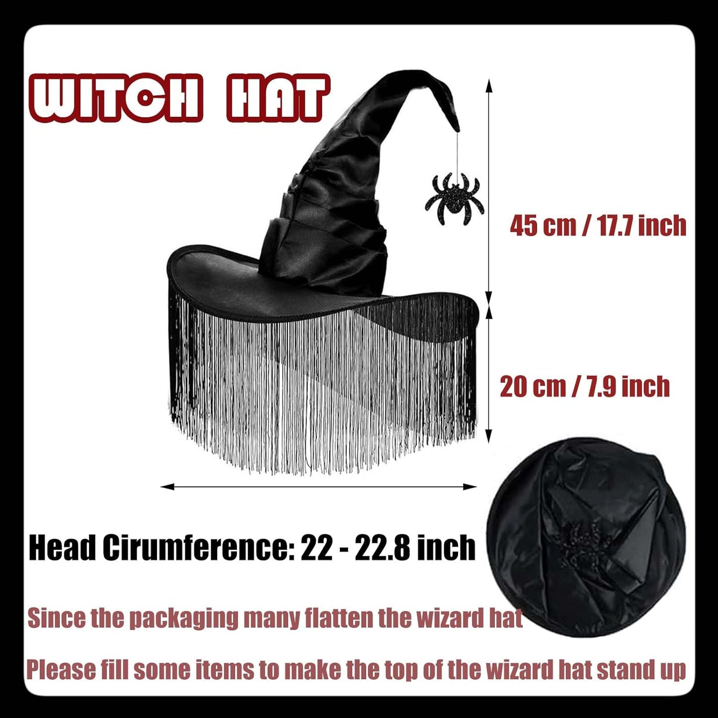 Black Witch Hat for Women, Halloween Witches Hat Adult with Veils, Large Witch Hats Cute Fancy Sorting Cap for Halloween Sexy Cosplay Costume Birthday Party Decorations Dress up Headwear with Spider