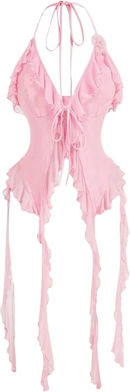 WDIRARA Women's 3D Flower Tie Front Ruffle Trim Halter Top Tie Backless Camisole
