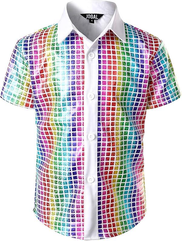 JOGAL Boy's Dress Shirt Sequins Button Down Shirts 70s Disco Party Costume