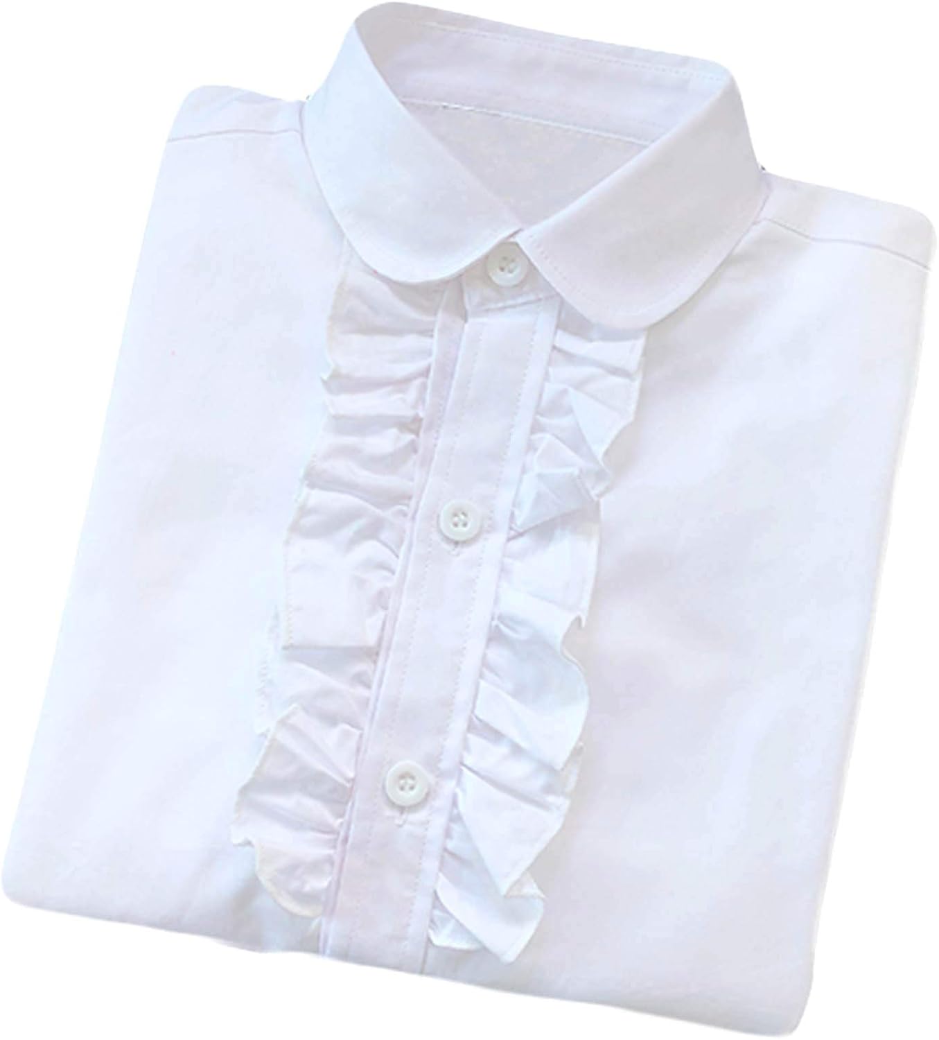 Bienzoe Girls School Uniform Shirt: Kids Summer Ruffle Button Down Long Sleeve Cotton Oxford Blouse