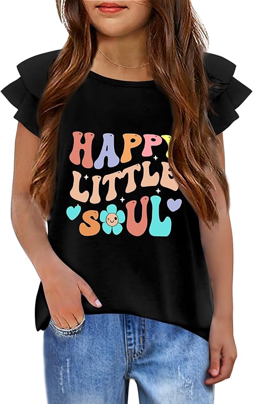 Girls T Shirts Ruffle Short Sleeve Round Neck Loose Blouse Summer Solid Color Casual Girl Tee Tops for 3-12 Years