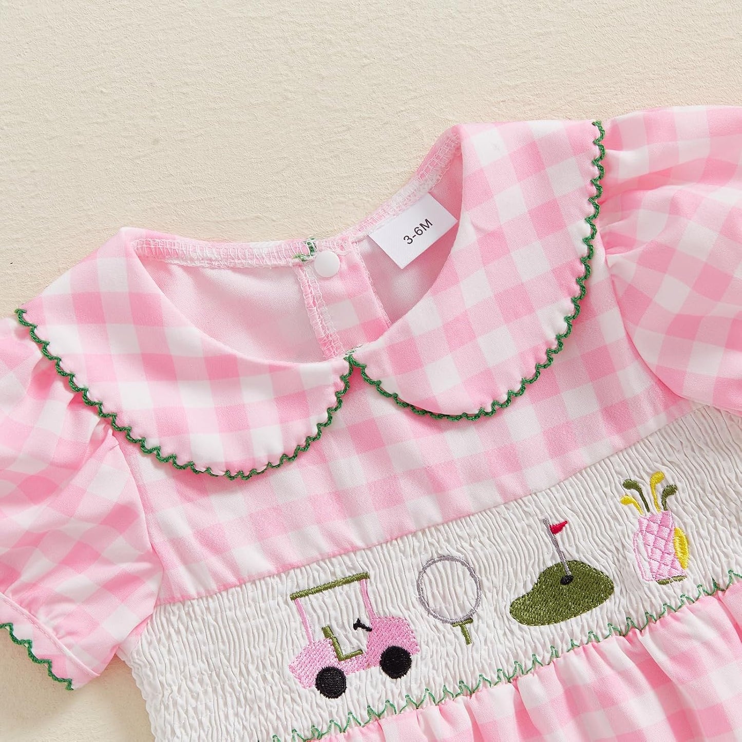 Newborn Baby Girl Golf Outfit Summer Doll Collar Bubble Short Sleeve Golfing Theme Embroidery Smocked Plaid Romper Bodysuit