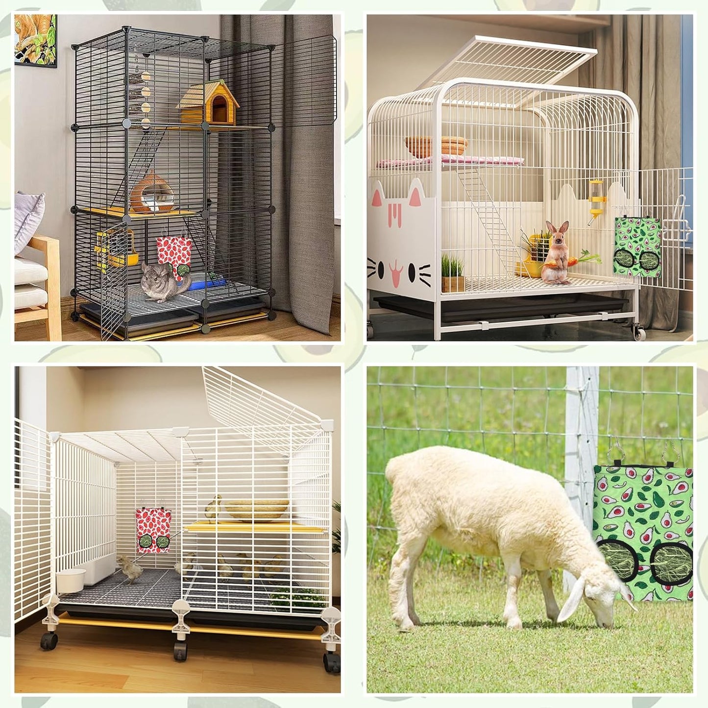 2 Packs Rabbit Hay Feeder Bag Strawberry Avocado Guinea Pig Hanging Hay Feeding Bag with 2 Holes Pet Storage Dispenser for Chinchilla Hamster Bunny Small Pet Animals