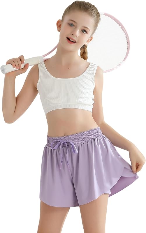 Girls Flowy Athletic Shorts with Pocket Kids Spandex 2 in 1 Drawstring Butterfly Skorts for Cheer, Dance, Running