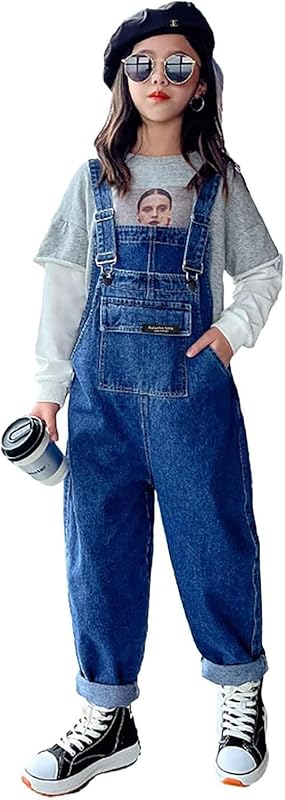 Rolanko Girls Overalls Denim Bib Distressed Jumpsuit Kids Blue Baggy Jean Pants 4-14 Years with Pockets