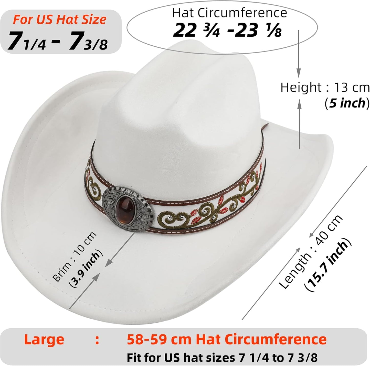 Western Cowboy Hat for Men and Women, Shapeable Big Wide Brim Cowgirl Hat with Embroidery