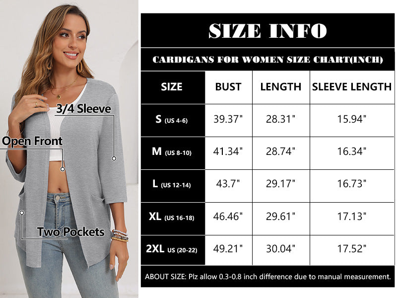 Women's 3/4 Sleeve Open Front Cardigan Casual Loose Lightweight Cardigans with Pockets