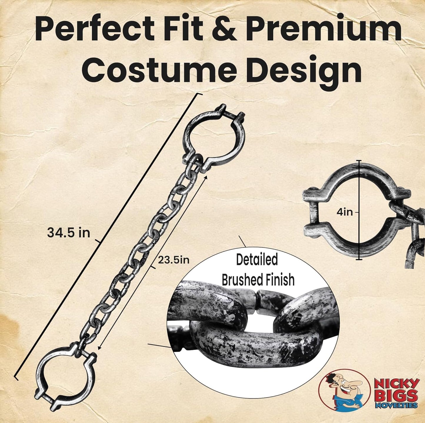 Nicky Bigs Novelties Plastic Shackles with Chain 34.5" Fake Handcuffs Prop for Prisoner Ghost Dungeon Halloween Costume Haunted House Decor Lightweight Adult Accessory