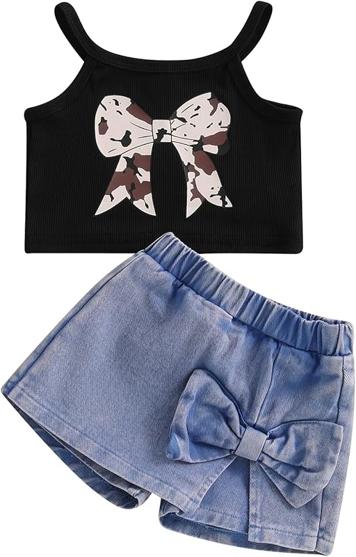 Emmababy Toddler Girls Denim Shorts Set Ribbed Crop Tank Top Sleeveless Bow Jean Shorts Skirt Western Baby Summer Clothes