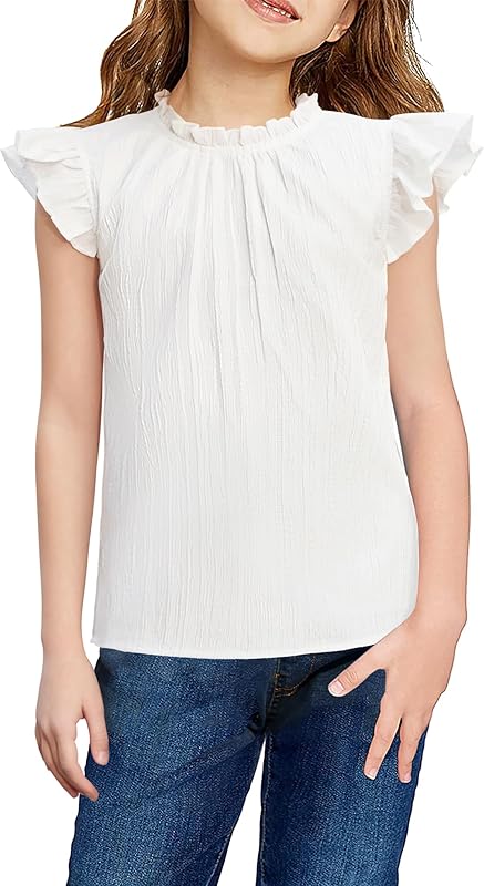 Arshiner Girls Ruffle Short Sleeve Shirts Cute Summer Frill Neck Pleated Textured Blouse Tops