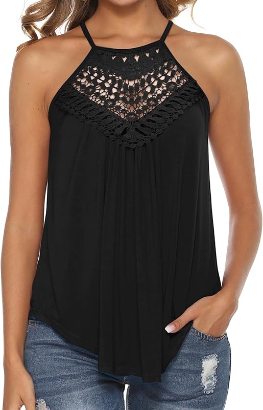 Bluetime Halter Tops for Women Sexy Sleeveless Lace Crochet Dressy Flowy Tank Top Cute Summer Shirts