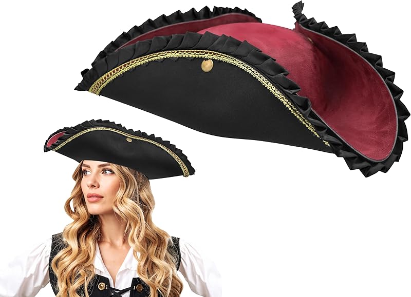Nicky Bigs Novelties Adult Deluxe Black Tricorn Tricorner Pirate Hat Buccaneers Cap Costume Accessory