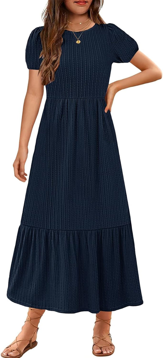 YOVION Girls Maxi Dress Summer Puff Sleeve Crew Neck Tiered Flowy Casual Holiday Dresses with Pockets for 6-12 Y