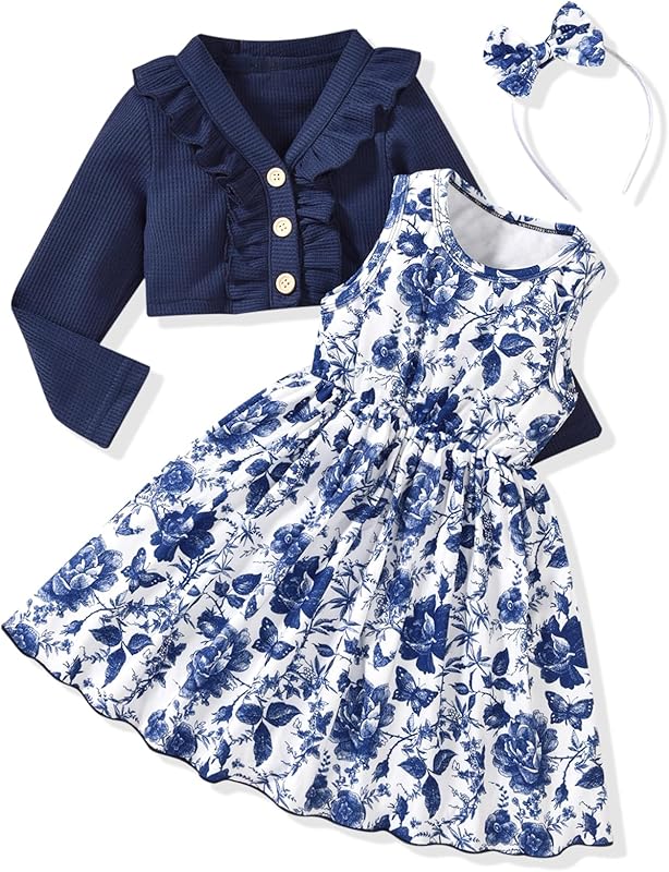 HINTINA Toddler Little Girls Dress And Cardigan Sets 2 Piece Floral Print Sleeveless Dress and Long Sleeve Cardigan Set