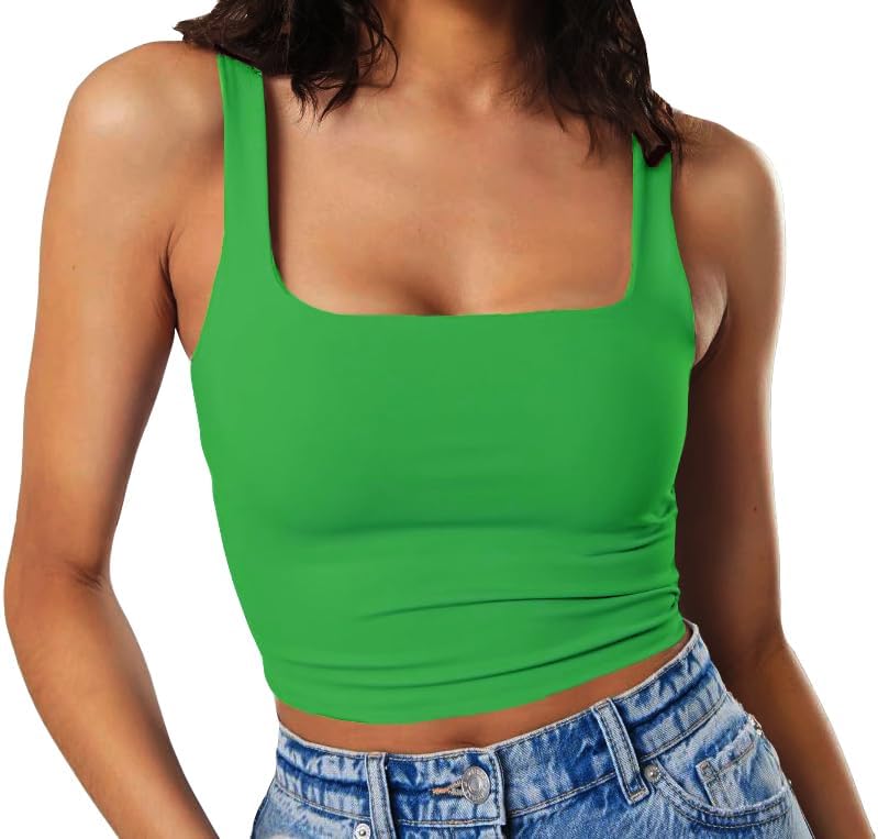 Artfish Women's Sleeveless Strappy Tank Square Neck Double Layer Workout Fitness Casual Basic Crop Tops