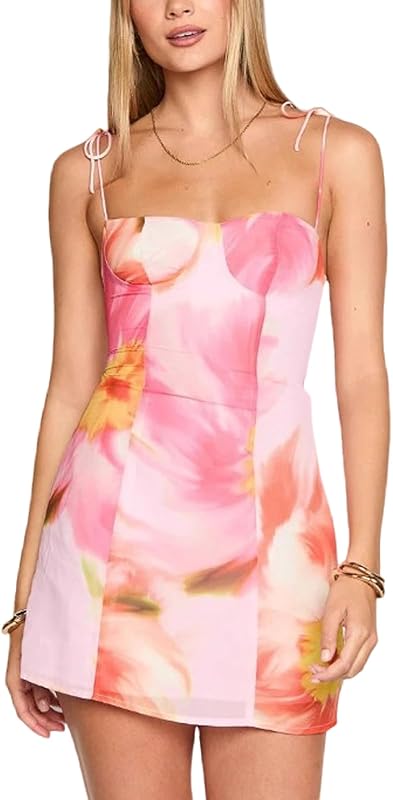 Women Floral Mini Dress Bohemian Spaghetti Strap Sleeveless Bodycon A-Line Dress Short Cami Swing Dress Clubwear Y2K