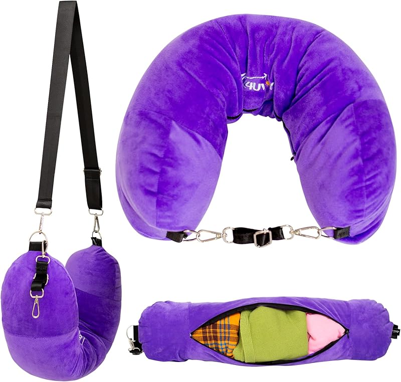 Travel Neck Pillow Stuffable with Clothes, Stuffable Neck Pillow for Travel, Packable Fillable Storage Bag for Airplane Travel, Soft Velvet Neck Pillow Case Cover