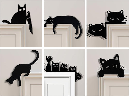 2025 Metal Set of 6 Cat Door Topper: 6 Pcs Black Cat-Themed Wall Mount Decorative Over Door Decor Adorable Frame Decoration Knife Cat Silhouette Corner Christmas Halloween Indoor Outdoor Spooky Sign