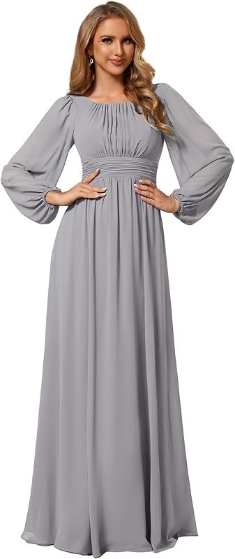 Ever-Pretty Women's Crewneck Long Lantern Sleeves Floor Length A-Line Pleated Chiffon Formal Dress 0106B
