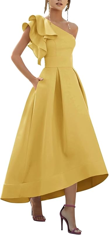 One Shoulder Satin Mother of Bride Dresses 2025 High-Low Ruffle Formal Evening Party Gowns