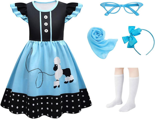 50s Costumes for Girls Kids Poodle Skirts with 4pcs Accessories, 9-12Y