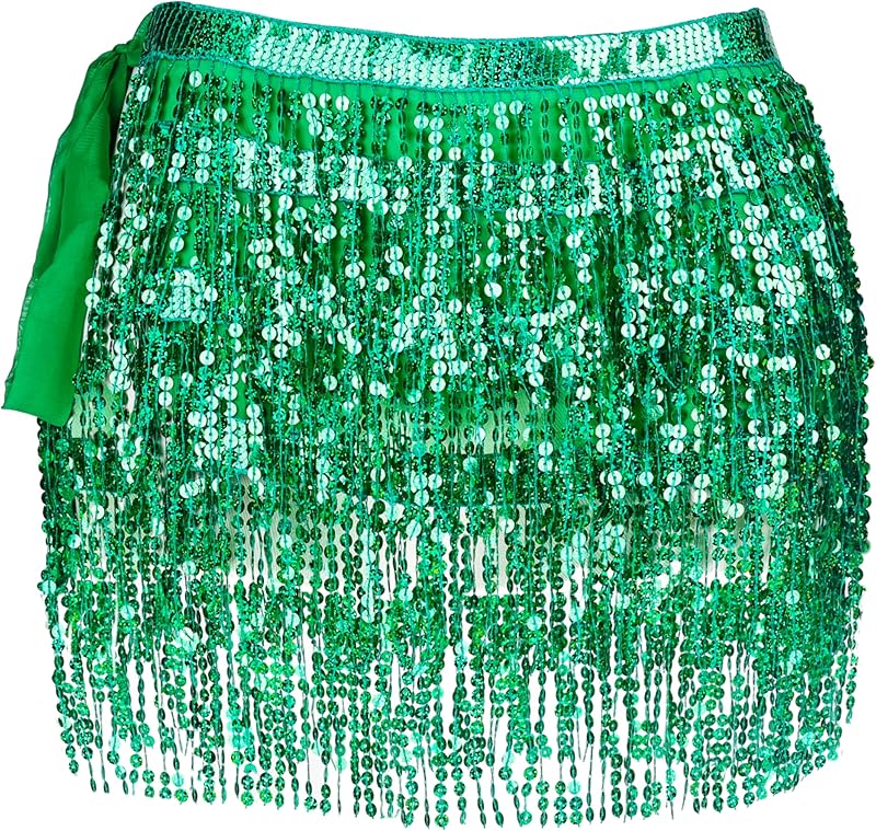 Women Belly Dance Skirt Tassel Fringe Skirts Sparkly Sequin Hip Scarf Party Costume