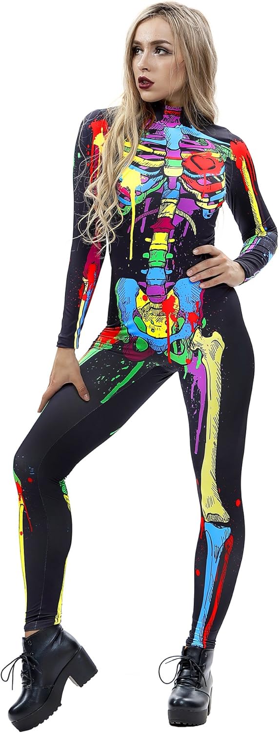 JJEUWE Women's Skeleton Halloween Bodysuit Costume Stretch Skinny Catsuit Jumpsuit