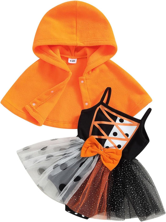 Yccutest Newborn Baby Girl Halloween Outfits 2Pcs Straps Tutu Romper Dress Halloween Cloak Coat Infant Pumpkin Witch Costume