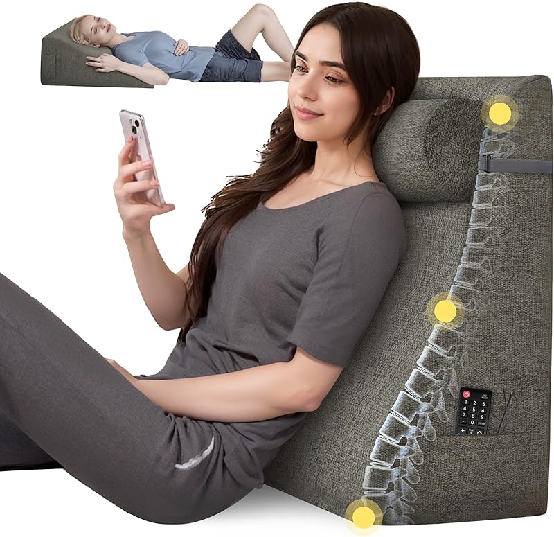 Daneey Reading Pillow for Bed Adult, Back Pillow for Bed Sitting Up, Back Support Pillow with Adjustable Headrest，Memory Foam Pillows for Abdomen, Lumbar, Back, Gray, 14.6 * 10 * 24IN