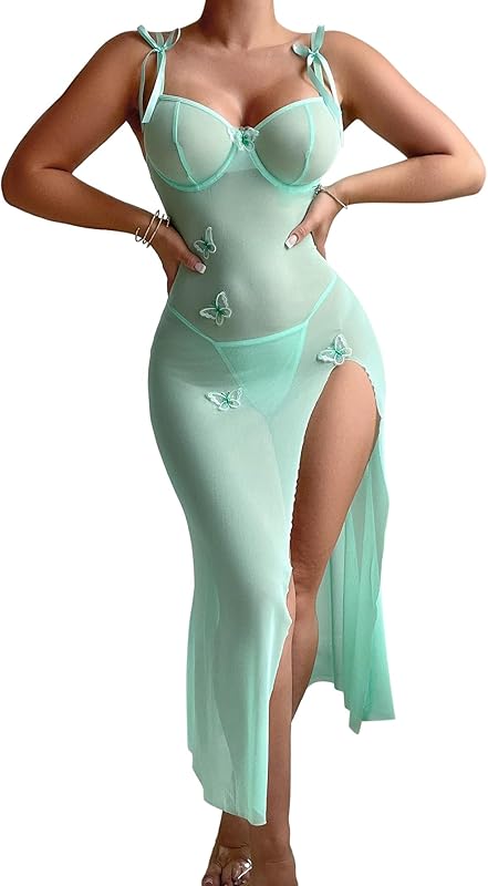 Sexy Butterfly Split Leg Underwire Sheer Mesh Maxi Lingerie Dress with Thong 2 Piece Set