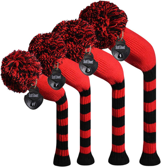 Scott Edward Golf Club Head Covers Set of 4, Acrylic Yarn Double-Layers Knitted, with Rotatable Number Tags