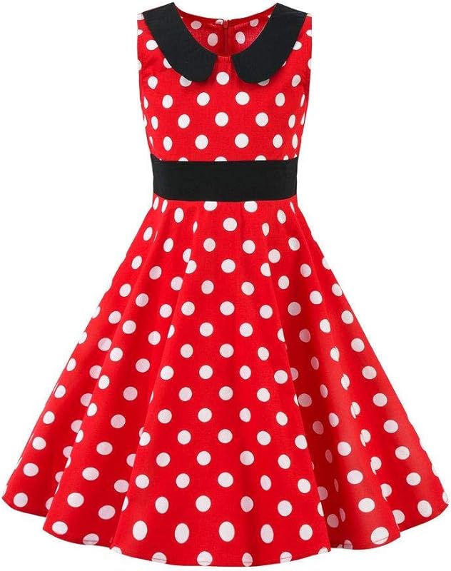 Kids Girls 50s Audrey Vintage Polka Dot Swing Party Rockabilly Dress Retro Peter Pan Doll Collar Wedding Casual Skater Dress